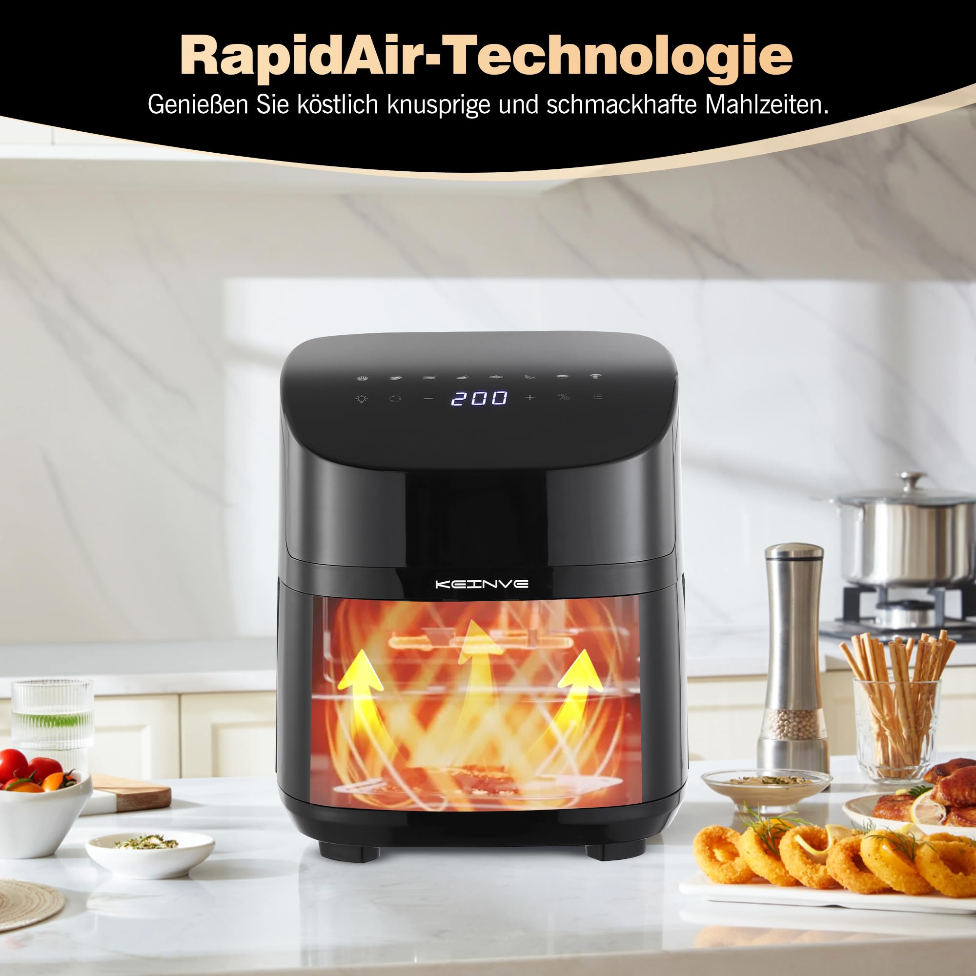 KEINVE Airfryer Heißluftfritteuse, 8-in-1 Air Fryer XXL 5L, Heissluftfritteuse mit Sichtfenster & Shake-Reminder