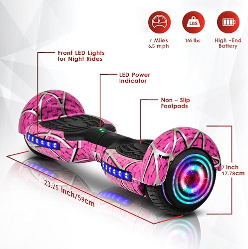 Miniatura 2 de Hover Board para niños, con altavoz Bluetooth y luces LED de 6.5 pulgadas, patineta autoequilibrante para niños de 6 a 12 años (rosa)
