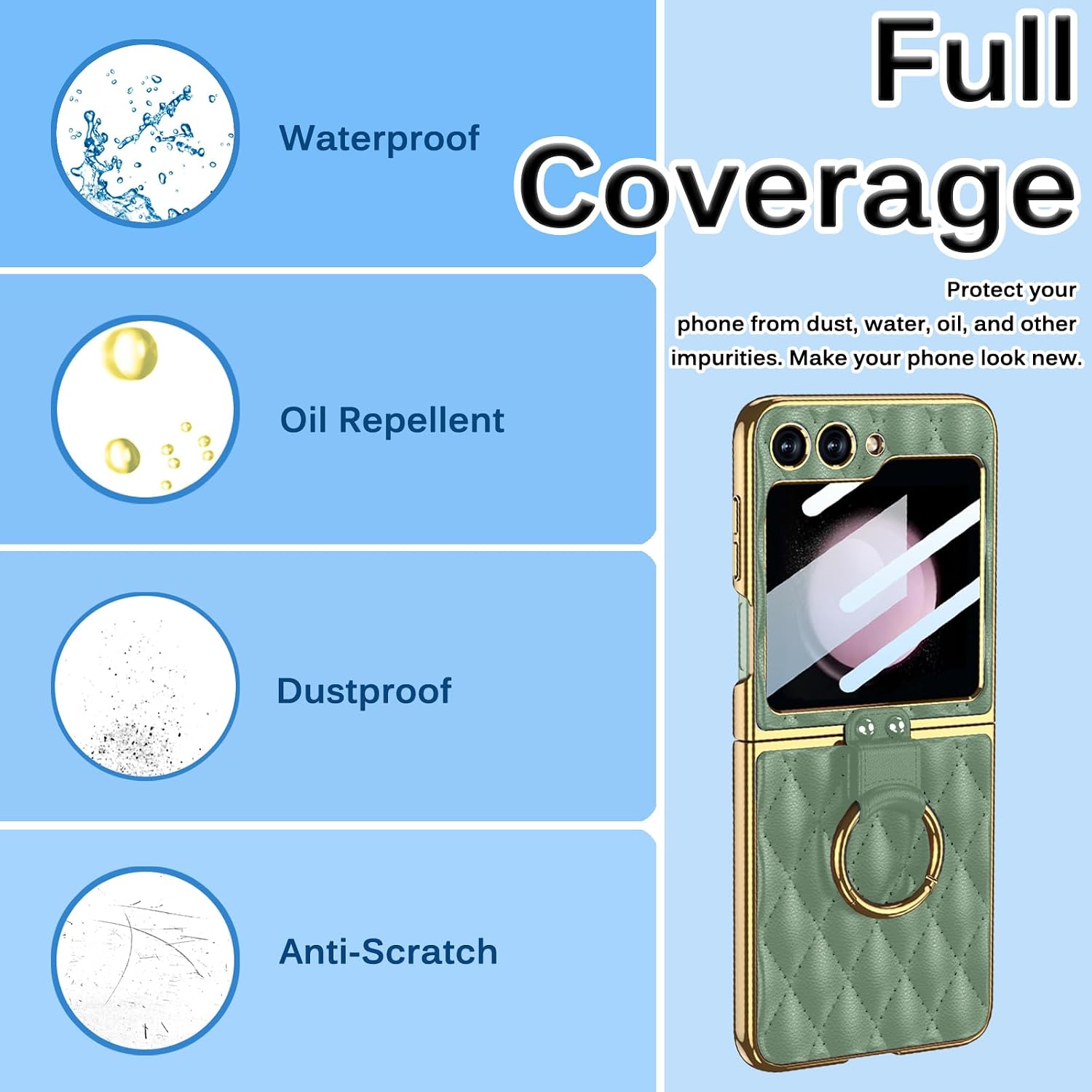 Miimall with Screen Protector Compatible with Samsung Z Flip 5, Leather Case with Ring Holder Stand, Luxury Rhomboid Leather Back Cover with Screen Protector Case for Galaxy Z Flip 5 Light Green