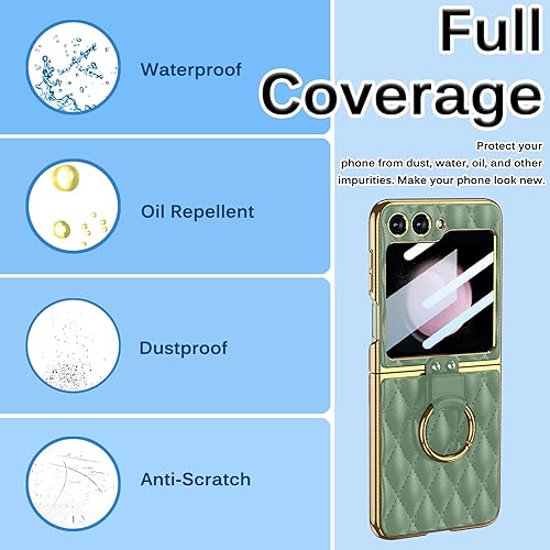 Miniatura 2 de Miimall Funda con protector de pantalla compatible con Samsung Z Flip 5, funda de cuero con soporte de anillo, cubierta trasera de cuero romboide de