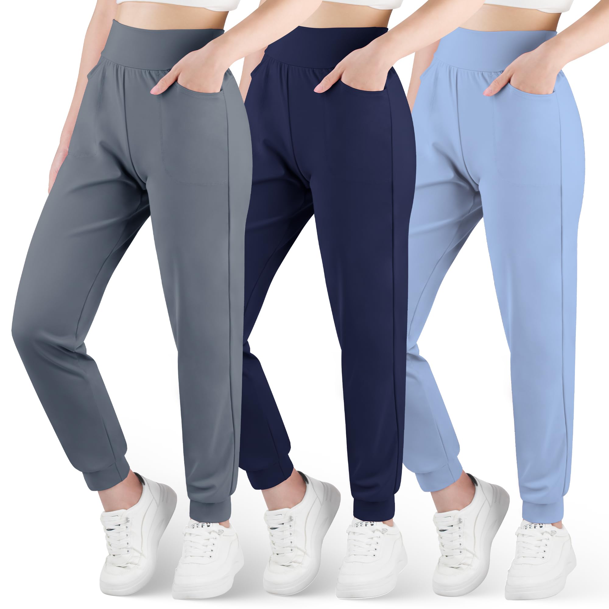 BIG ELEPHANT Confezione da 3 Pantaloni da Jogging per Bambine con Tasche, Pantaloni Sportivi a Vita Alta per Yoga e Corsa