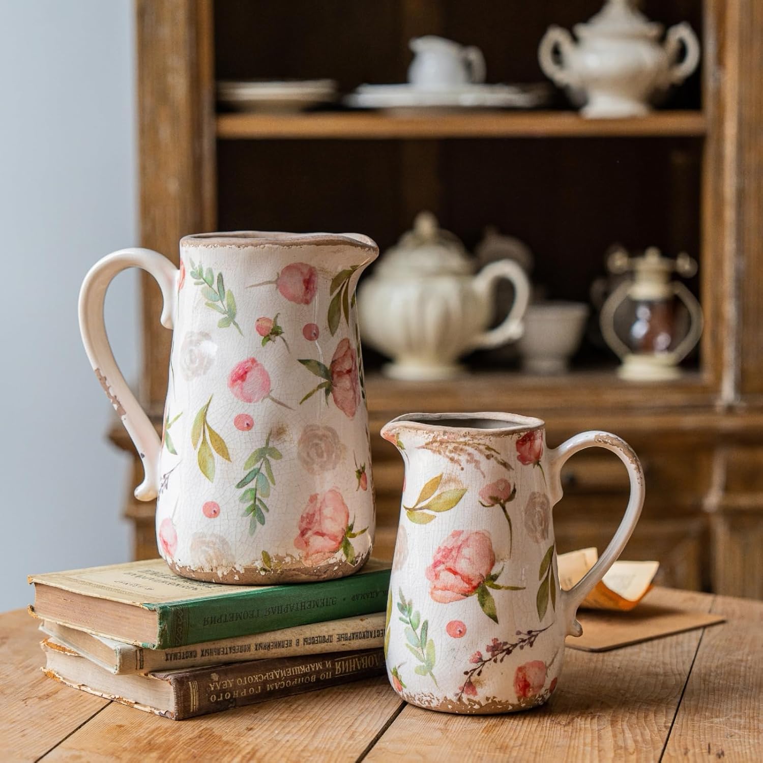 Retro Rustic Large Ceramic Vase with Handle, Distressed Farmhouse Pitcher for Home, Ideal Shelf Decor Floral Vase for Living Room Bedroom Office Table Centerpiece Decorations 9 Inch - Image 3