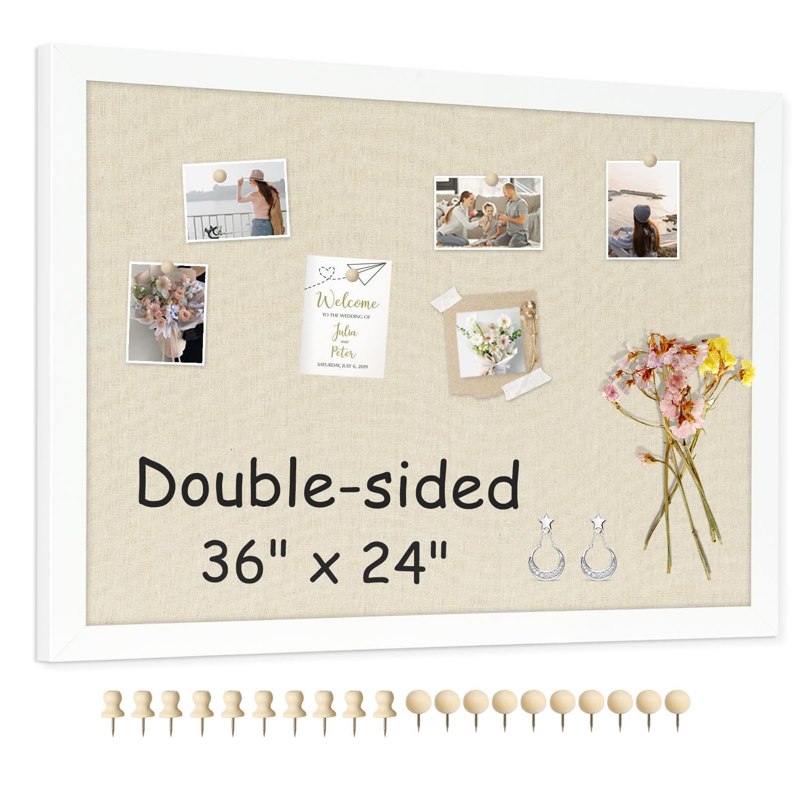 Double-Sided Large Cork Board with Linen, 36" x 24" Hanging Wood Framed Bulletin Board, Picture Display Vision Board Corkboards for Wall Room School Office Decor, 20 Pushpins,1pack