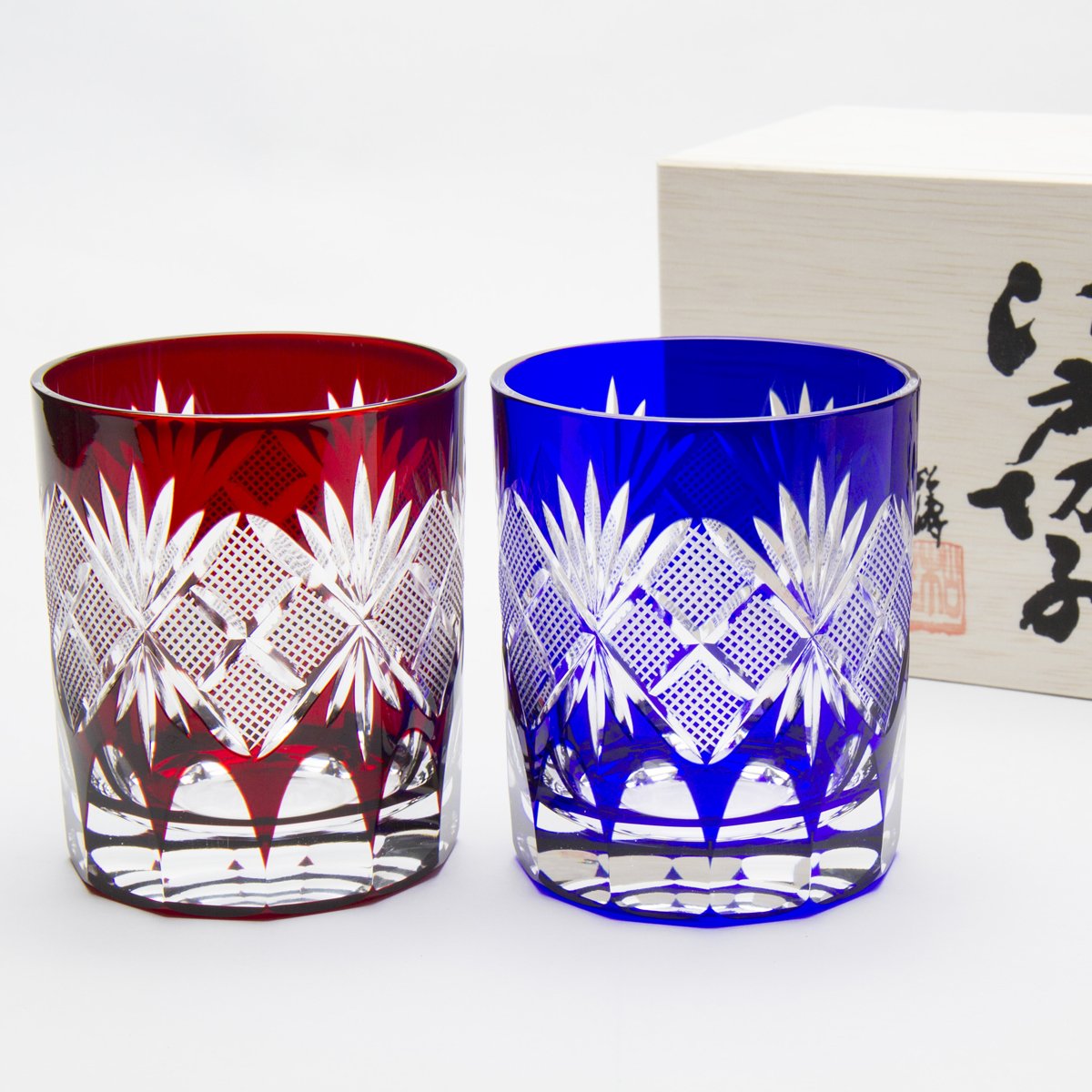 Tajima Edo Kiriko Nanako Rock Glass Pair Copper Red Lapis 9.5oz Japan