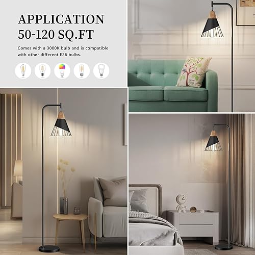 Miniatura 4 de Lámpara de pie industrial de 67 pulgadas con pantalla de madera y metal negro, lámpara de pie moderna, lámpara alta rústica para sala de estar,