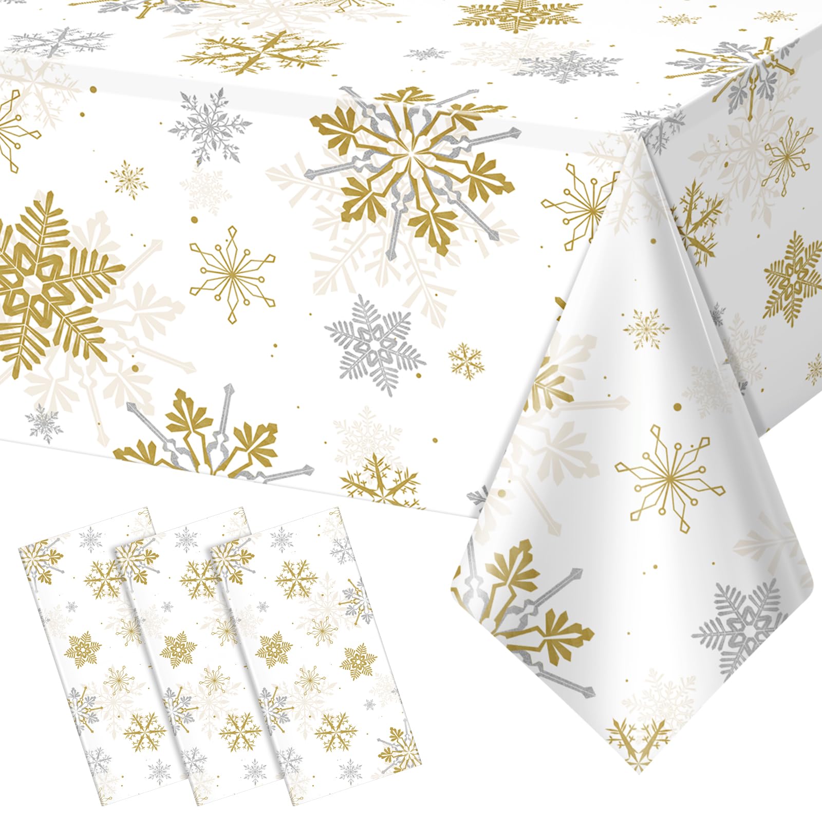 3Pcs Christmas Snowflake Party Tablecloths Decorations,Plastic White and Gold Table Cloth,Winter Rectangle Cover for New Year Birthday Baby Shower Holiday Decorations,54x108 inch