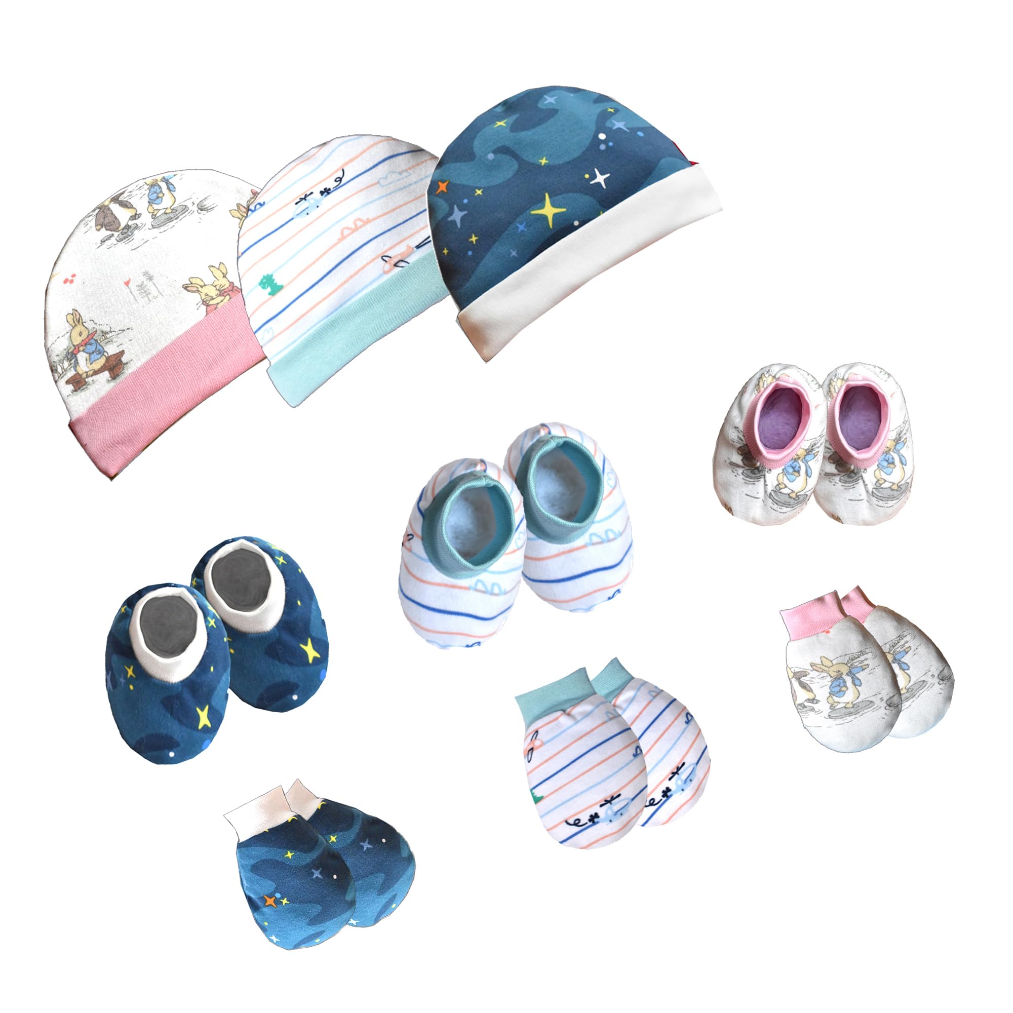 VParents Baby Mittens Caps Gloves and Booty Combo for Unisex Booty Set Durable Cotton Gift Set Assorted Deisgn (Pink Blue and Dark Blue) (0-3 month) pack of 3