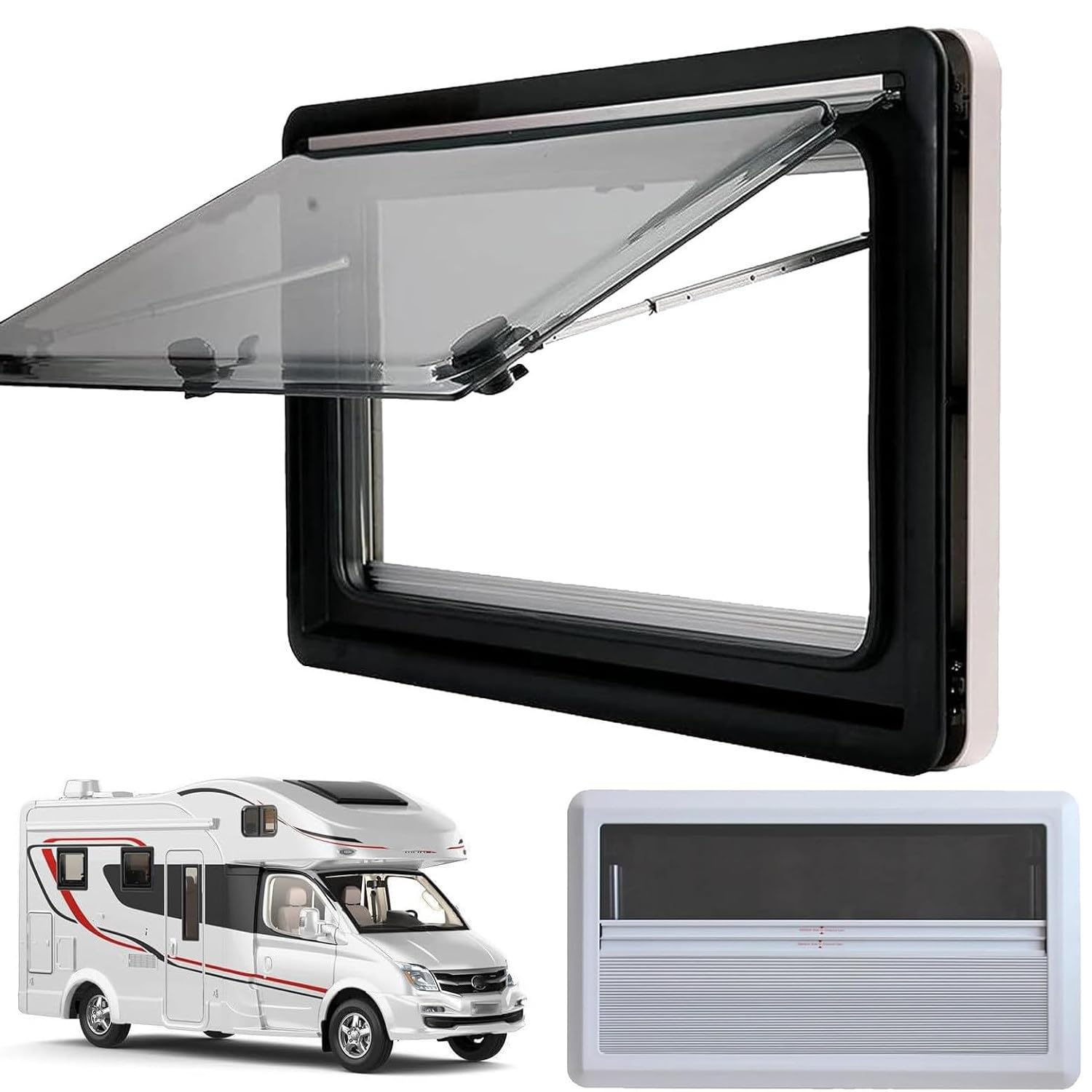Fenêtre Coulissante Avec Moustiquaire Pour Camping-car - 900x300mm, Alliage Aluminium Noir, Verre Trempé Teinté - Universelle épaisseur 2-6mm Ou 48-55mm