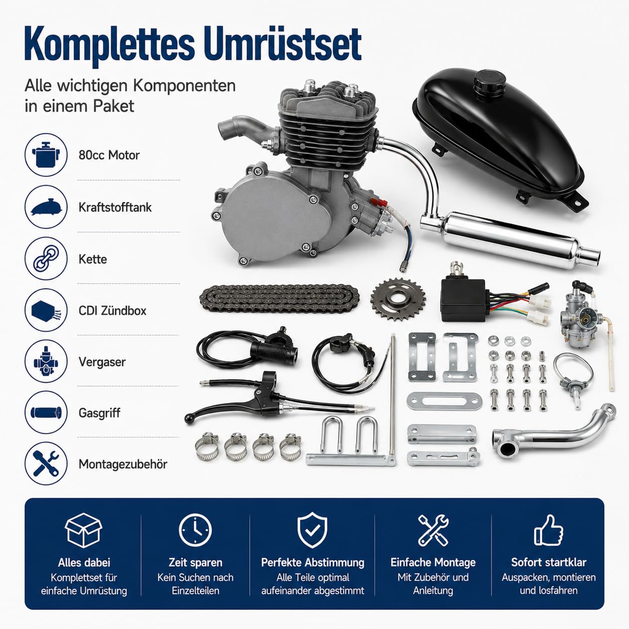 80ccm 2-Takt Fahrrad Motor Kit Benzinmotor mit CDI Zündung für 26/28 Zoll V-Rahmen
