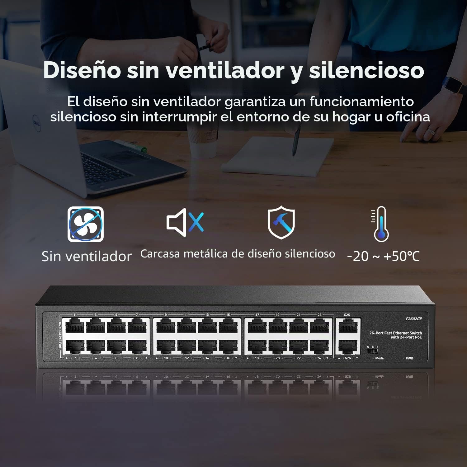 24 Port PoE Switch, 10/100Mbps PoE+ Ports, 2 Gigabit Ethernet Uplink, IEEE802.3af/at, MAX 300W, VLAN & PoE Extend 250m, RackMount Fanless Unmanaged Ethernet Switch