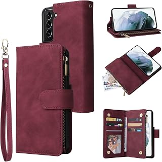 UEEBAI Wallet Case for Samsung Galaxy S22 5G, Premium Vintage PU Leather Magnetic Closure Handbag Zipper Pocket Case Kickstand Card Holder Slots with Wrist Strap TPU Shockproof Flip Cover - Wine Red