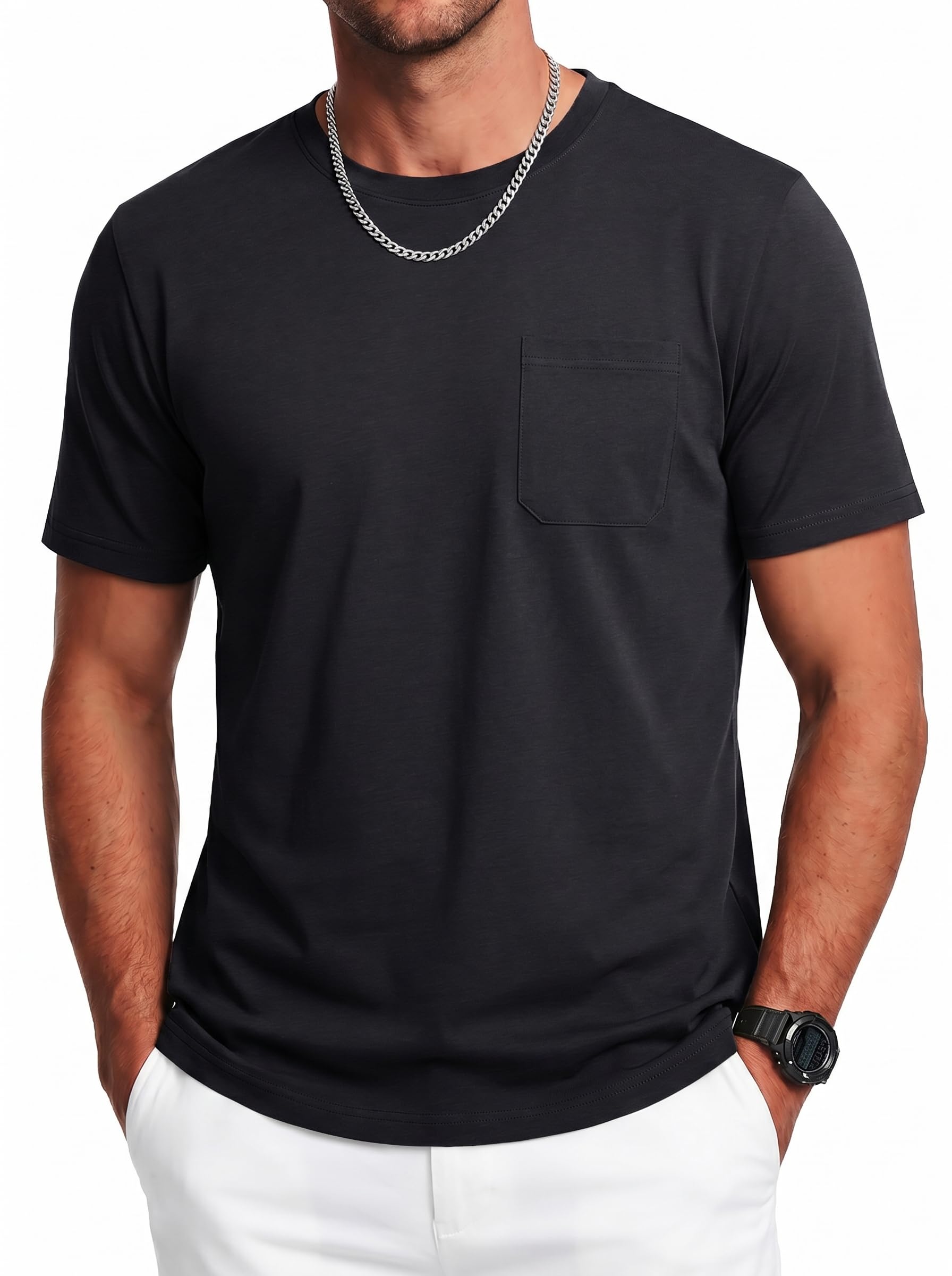 Cavva Herren T-Shirt Baumwolle Kurzarm UV Shirt Atmungsaktiv Tshirt Freizeit Oberteil Rundhals Top mit Brusttasche
