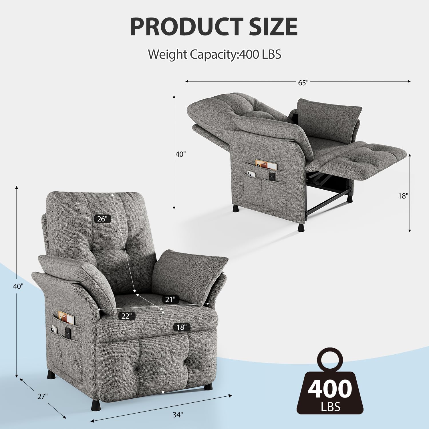 Power Recliner Chair for Adults with Heat & Massage - Linen Electric Reclining Sofa with Remote Control, 3 Side Pockets, 180° Lay Flat Sleeper for Living Room Home Theater, Light Grey
