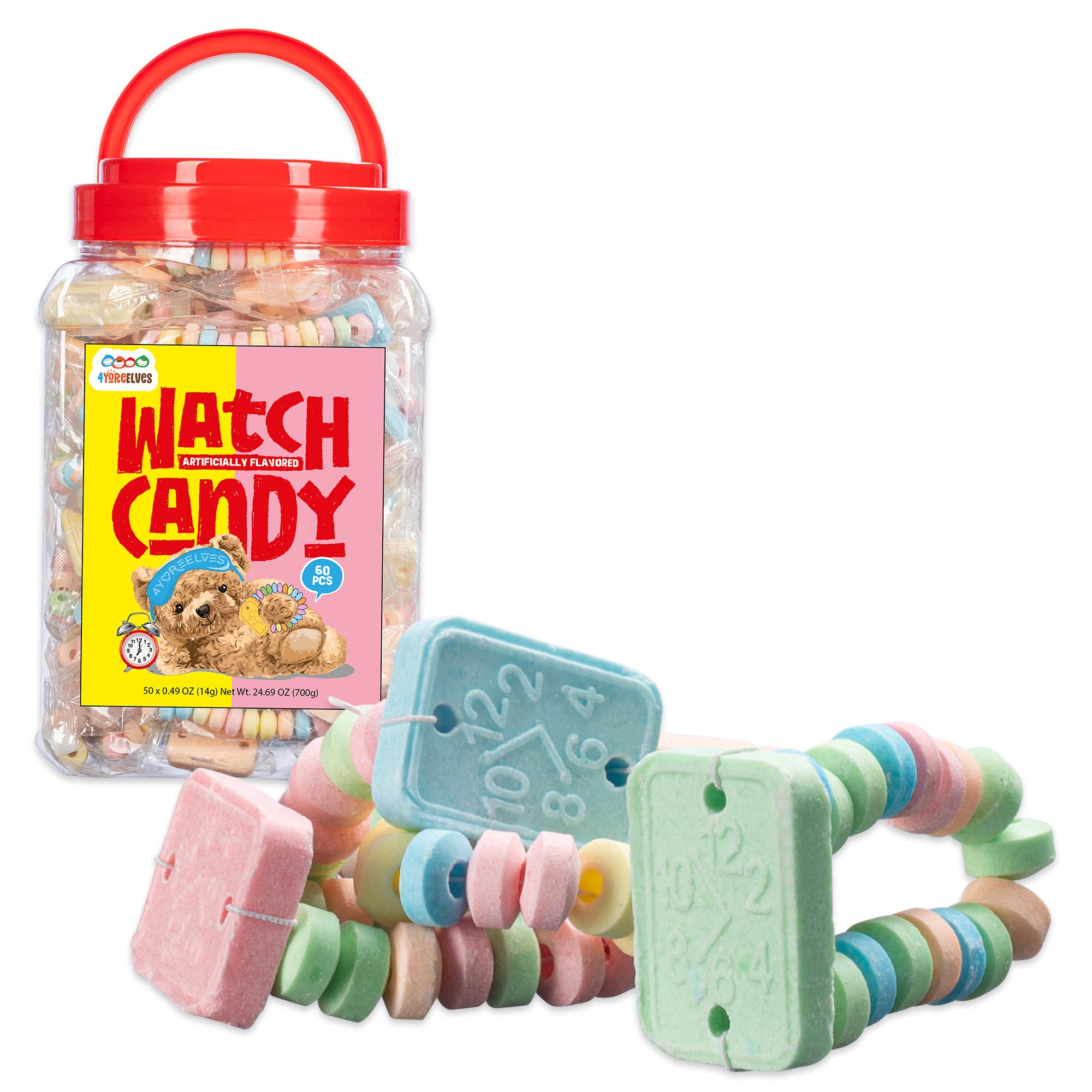 60 Candy Bracelet Watches Individually Wrapped, Taste Nostalgia with our Playful and Delicious Candy Jewelry, Perfect for Party Favors, Goody Bags and Birthdays, by 4YoreElves, Pack of 60 x 0.42oz