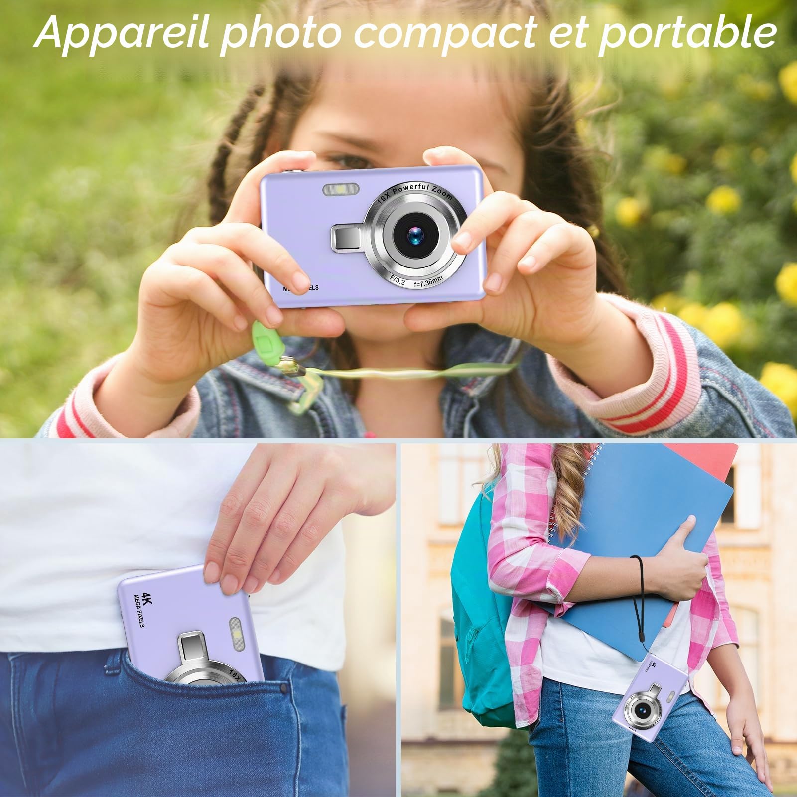Appareil Photo numérique 1080P FHD Appareil Photo Compact 44MP avec écran LCD 2,4" Zoom numérique 16X Vlogging Appareil Photo numérique Portable avec Carte SD 32 Go pour Enfants (Violet)