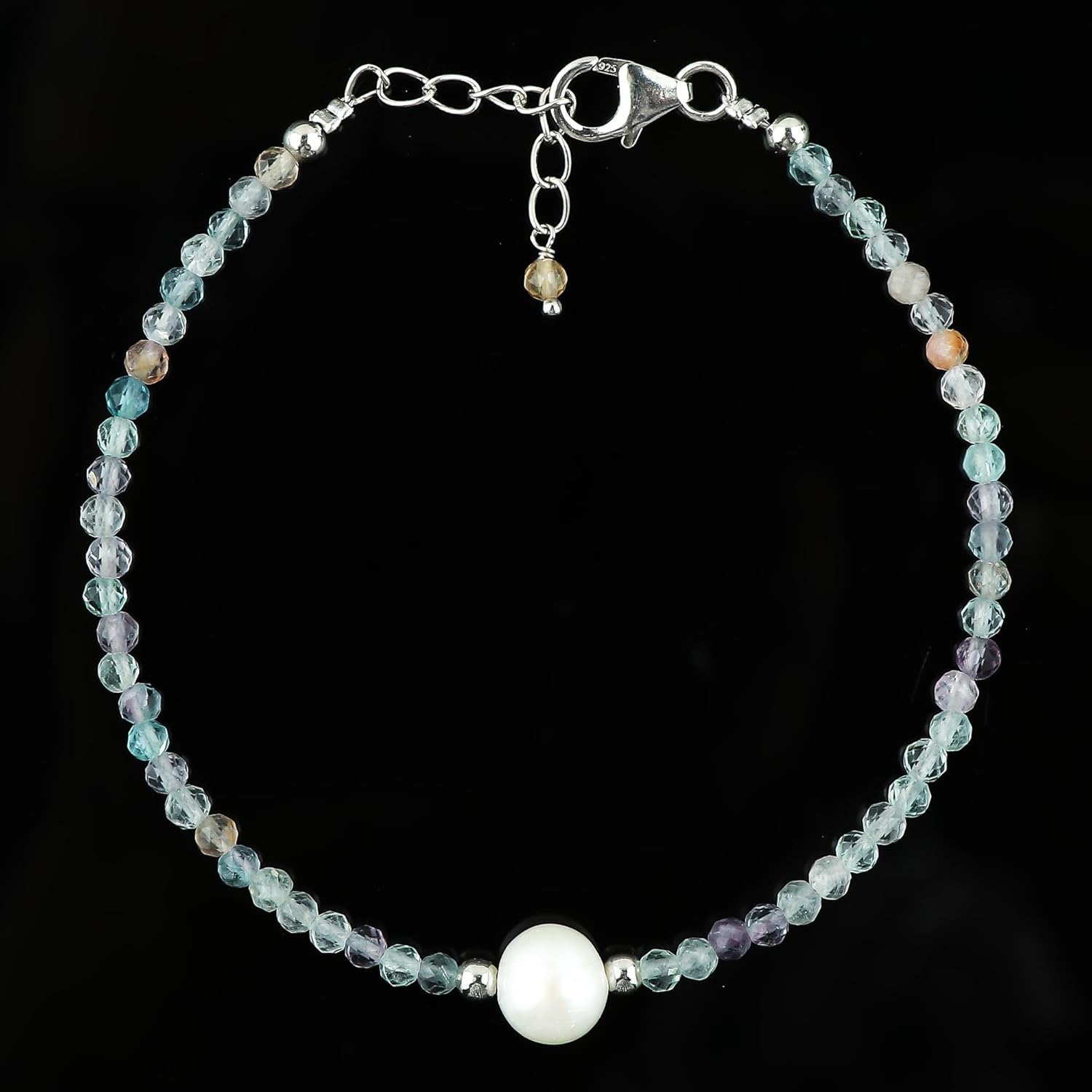 CRYSTALIS Natural Multi Fluorite Beads Slider Bracelet with FW Pearl, High Grade Beaded Crystals, Chakra Healing Gemstone, Gift Giving Women Jewelry, 925 Sterling Silver Slider 10 inch - Image 3