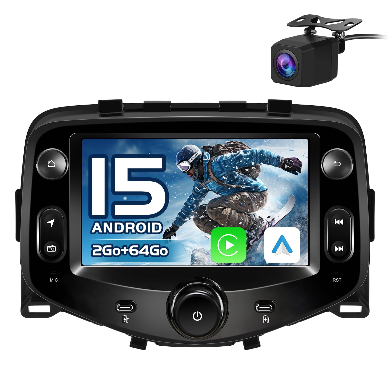 AWESAFE Autoradio Android 15 pour Toyota Aygo/Peugeot 108/ Citroën C1 (2015-2020), Écran 7 Pouces 2Go+64Go, CarPlay & Android Auto, GPS WiFi Bluetooth, Commandes au Volant, Caméra de Recul Incluse