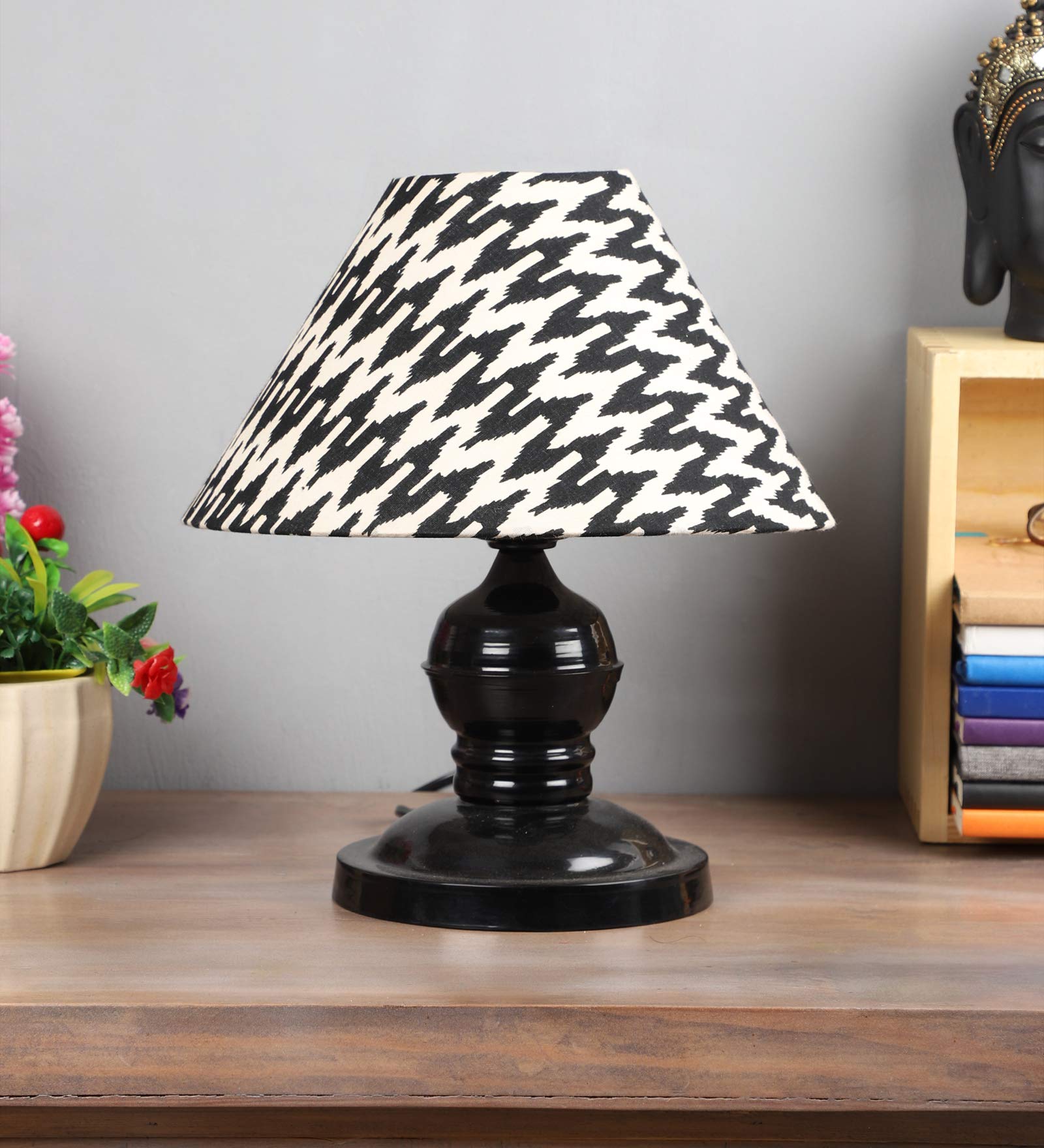 tu casa Table Lamps Black Metal Base with Black/White Cotton (Chevron Print) Shades for Home Décor, Bedrooms, Living Room, Gifting, Diwali Decoration, Dining Space, Study Room, Restaurants (H-10)