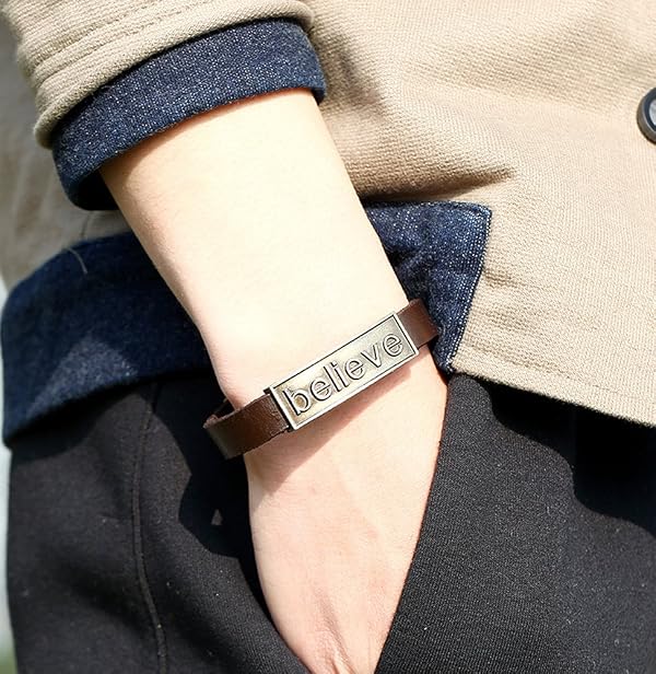 Hamoery Men Punk Alloy Leather Bracelet Believe Bracelet Bangle Wristband(Bleieve) by Hamoery - Used condition - Image 3