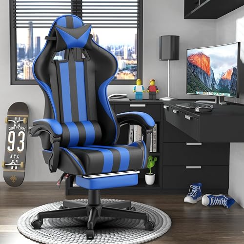 Miniatura 2 de Huracan Silla de juegos con reposapiés, sillas ajustables para computadora de videojuegos para adultos, respaldo reclinable, silla de escritorio de