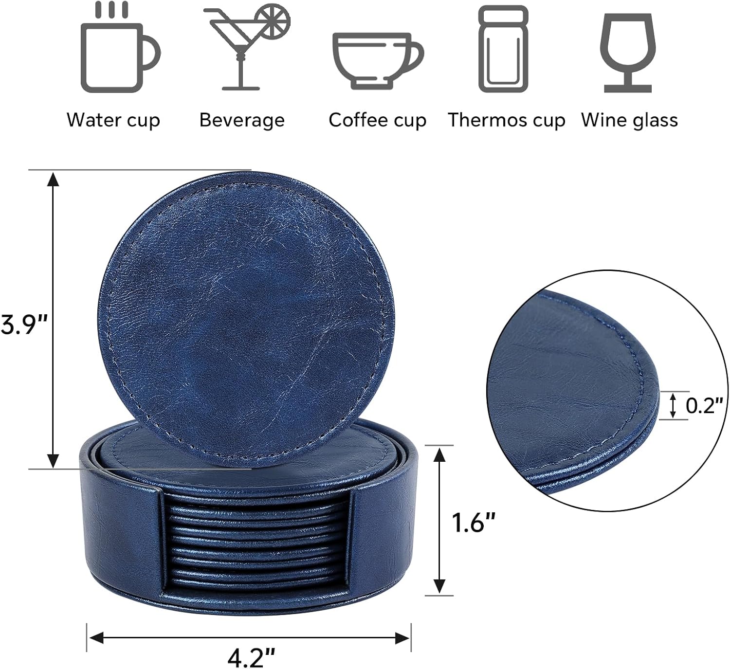 Leather Coasters Set of 6 with Holder, Tabletop Protection, Coffee Table & Bar Decoration, Modern-Style Drink Coasters Suitable for Home Dining Tables & Kitchen Accessories (Blue)