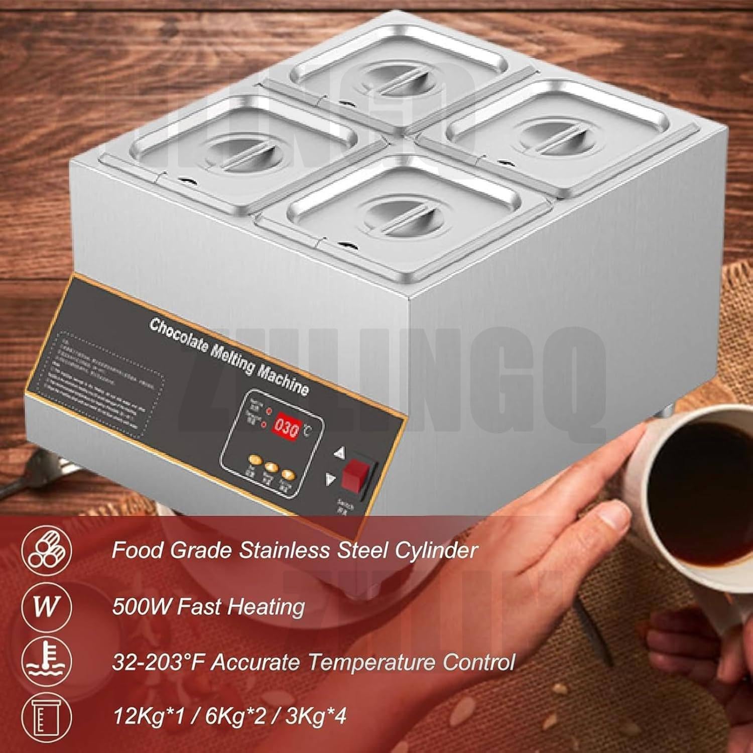 Machine à Fondre Le Chocolat, Machine à Tempérer Le Chocolat, Fondoir à Chocolat Commercial, Marmite à Chocolat, 500 W, 32 à 203 ℉ Chauffe-Plats électrique en Acier Inoxydable,6kg*2