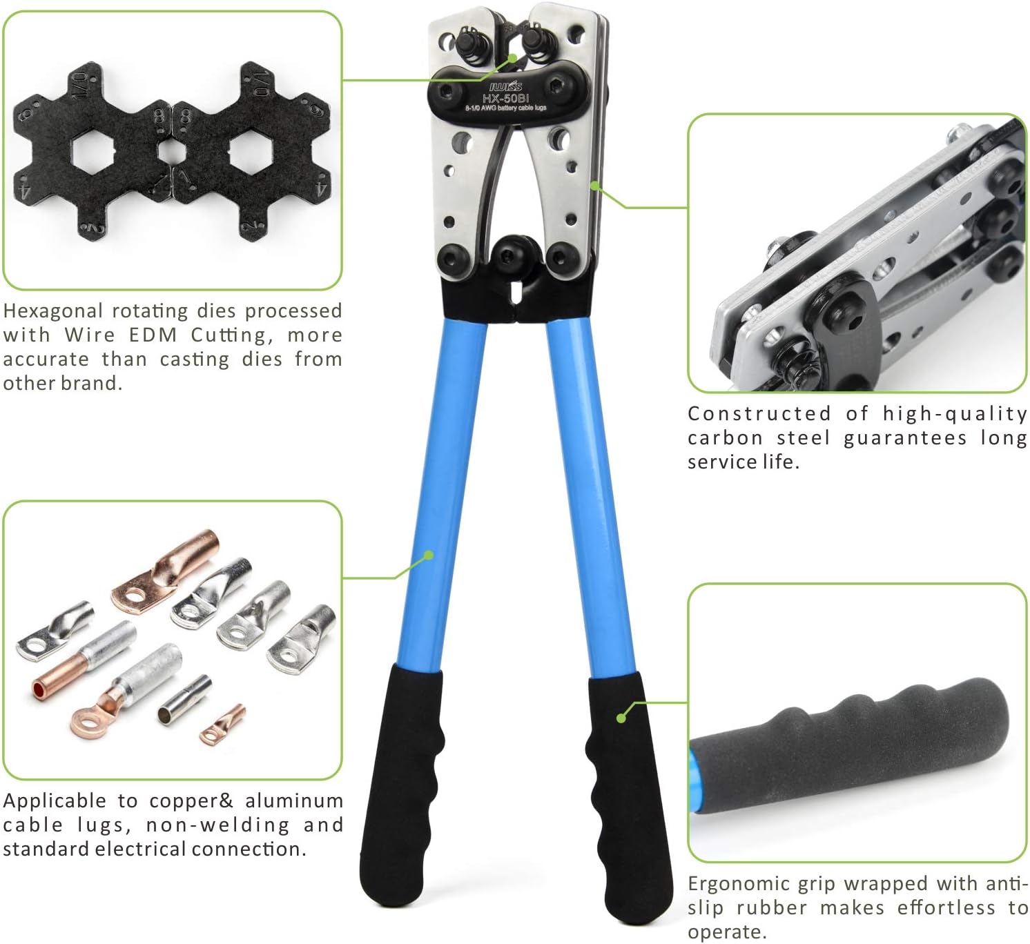 IWISS Cable Lug Crimping Tool for Heavy Duty Wire Lugs,Battery Terminal,Copper Lugs AWG 8-1/0 - - 