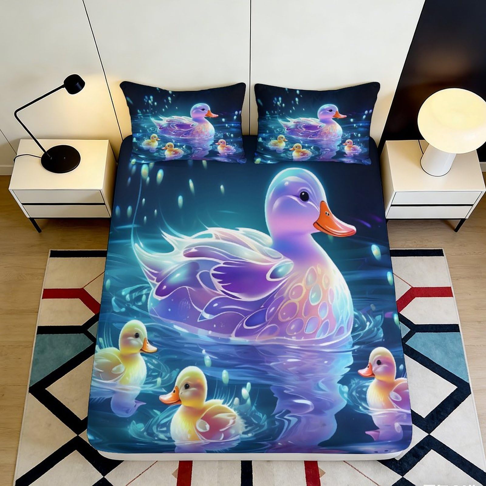 3D Printed Dreamy Duck Lake Fitted Sheet Microfiber Soft Anti-Slip Bed Cover for Bedroom Dorm Decor Easy Care 140x200x25cm