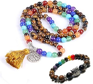 108 Mala Beads Bracelet +8mm Tiger eye Bracelet set-7 Chakra Tree of Life Yoga Meditation Real Healing Gemstone Hand Knott...