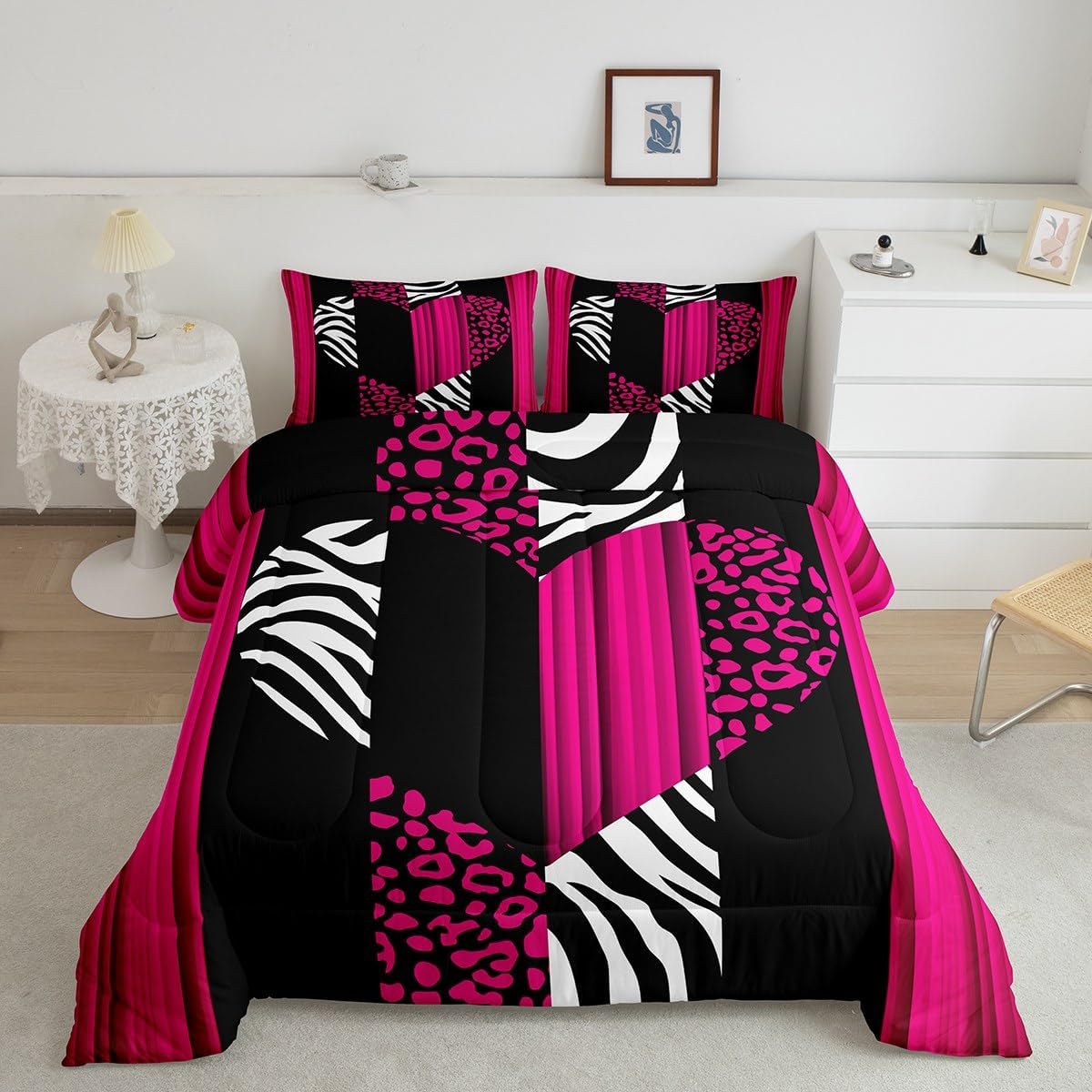 Feelyou Leopard Comforter Set Full Size Kids Cheetah Animal Print Comforter for Teens Safari Zebra Bedding Set Breathable Hot Pink Sweetheart Geometric Duvet Set Room Decor Quilt Set