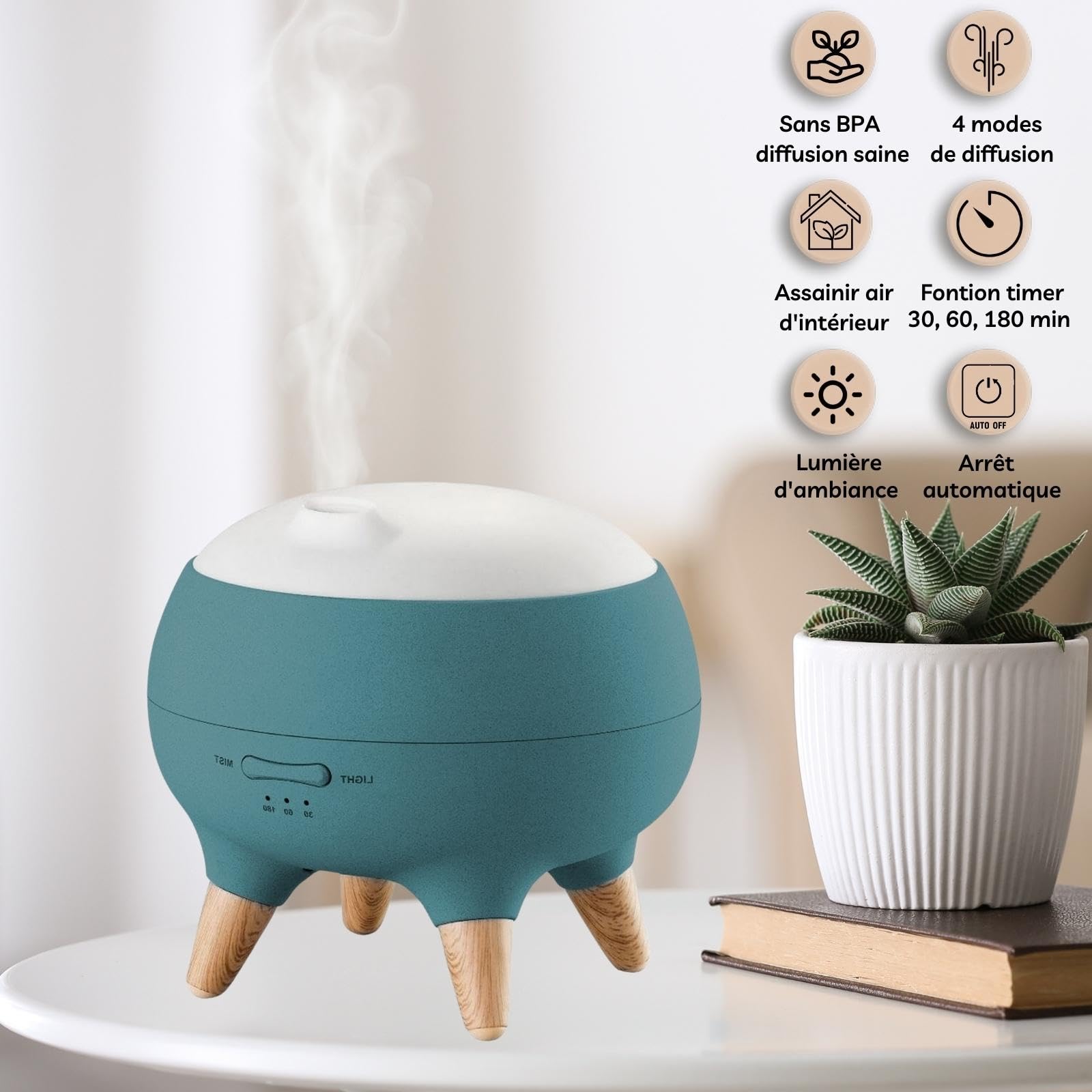 Zen’Arôme Diffuseur Huile Essentielle Julio, Diffuseur Ultrasonique Aromathérapie à Froid, Diffuseur Électrique de Parfum, 2 Modes de Diffusion et Fonction Minuterie, Éclairage LED, Design Original