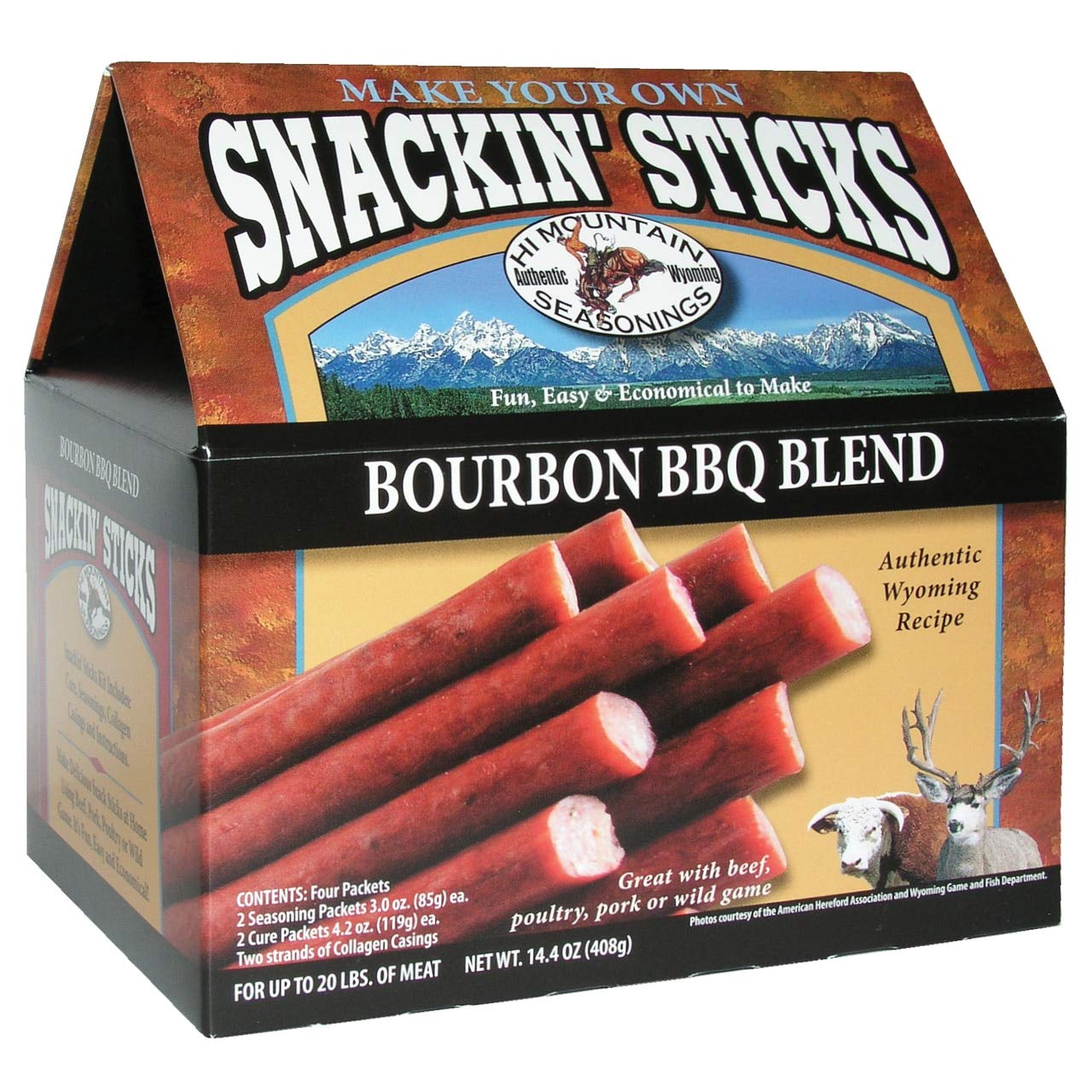 Hi Mountain Seasonings ǀ Snack Stick Seasoning Kit ǀ BOURBON BBQ BLEND ǀ Includes Seasoning, Cure, Casings, & Directions ǀ Seasons up to 20 lbs of
