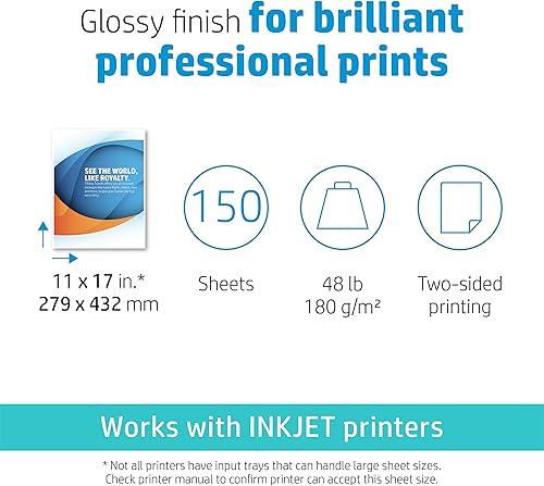 Miniatura 3 de HP Papel profesional de negocios, brillante, 11 x 17 pulgadas, 48 libras, 150 hojas, funciona con impresoras de inyección de tinta (CG932A)