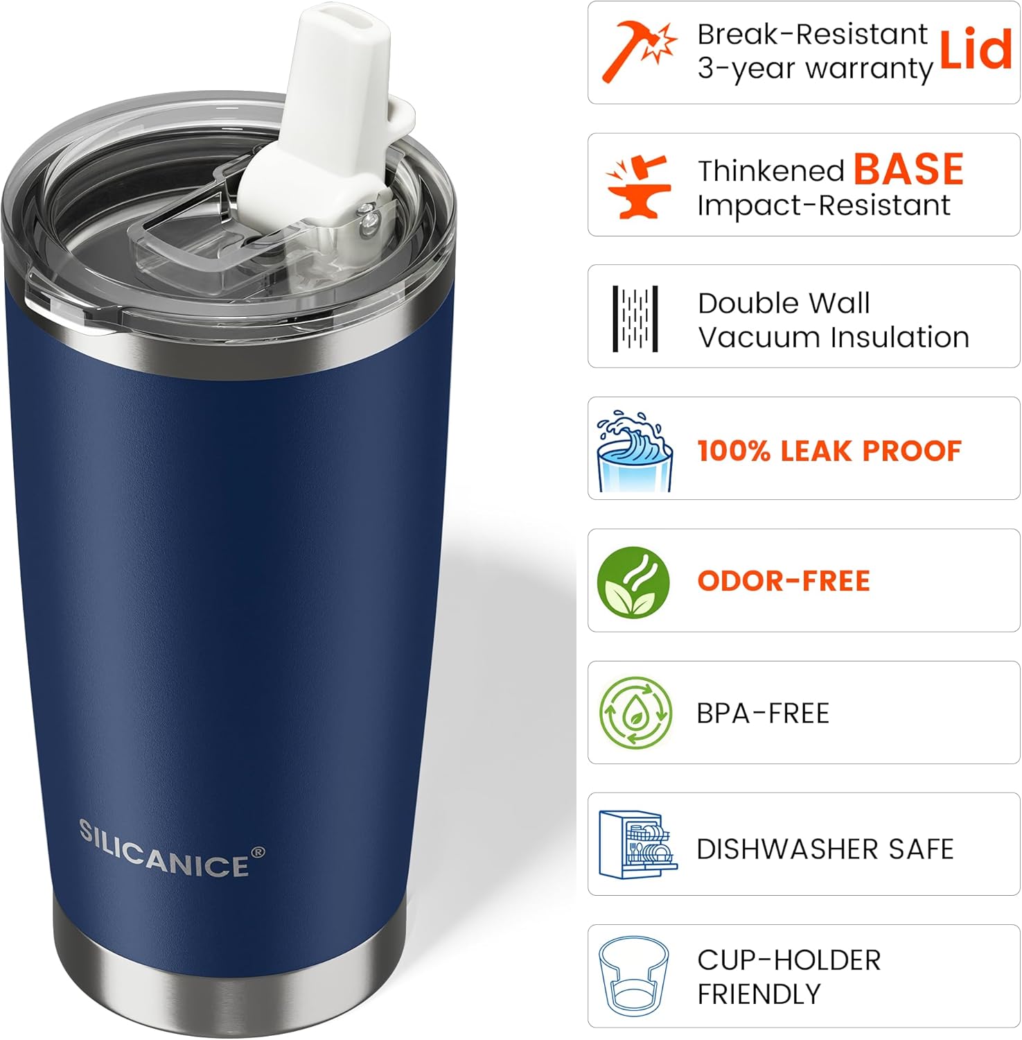 20oz Hygienic Insulated Tumbler — 100% Leakproof Lid with Removable Spout & Straw, Reinforced Vacuum-Protection Base, Cup Holder Friendly, for Iced Coffee, Smoothie/Water on the Go - Navy Blue
