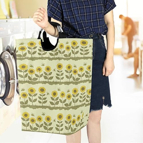 Miniatura 6 de visesunny Cesta de lavandería grande con diseño floral de girasol retro con asa, cesta de lavandería plegable, juguetes y organización de ropa para