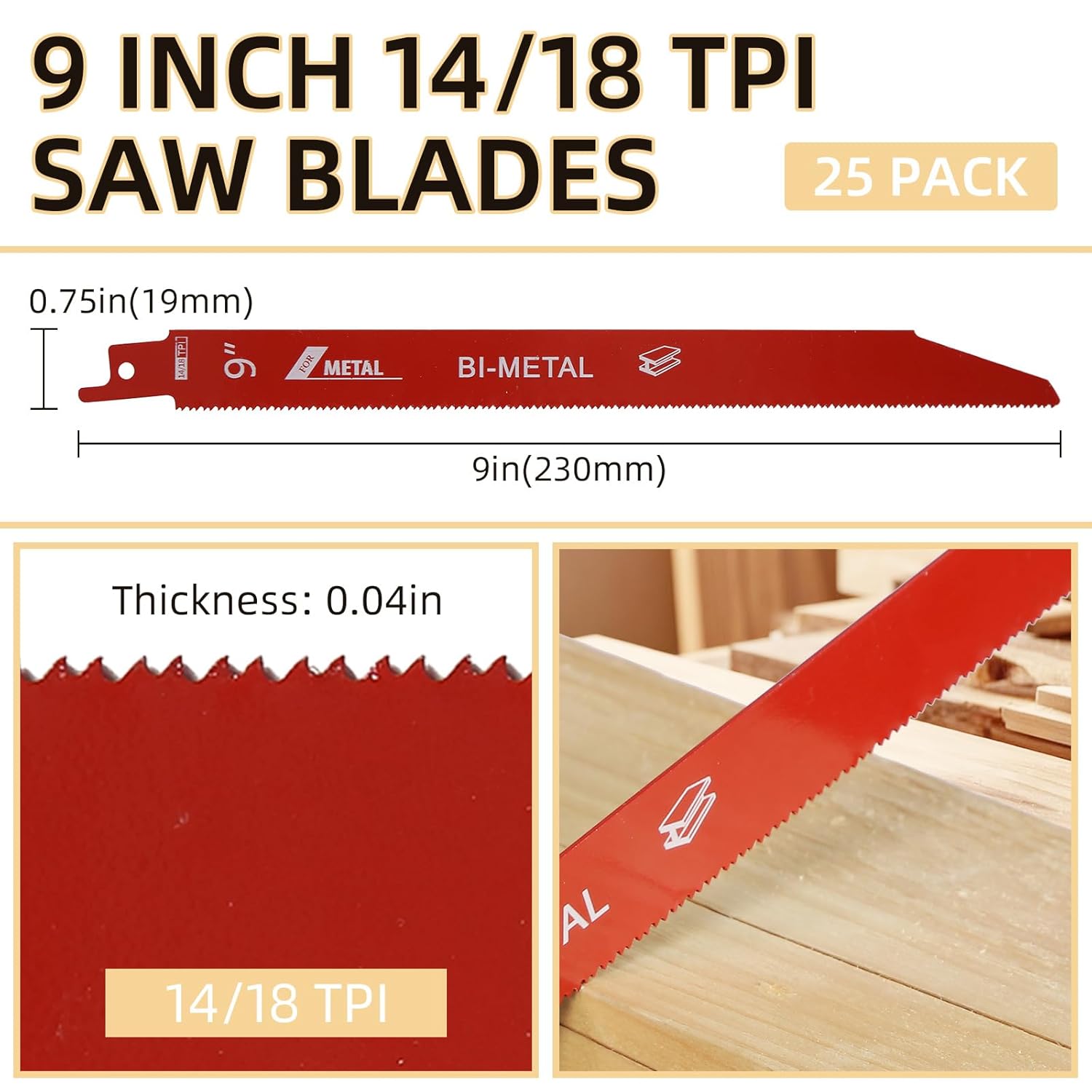 25 Pack 9 Inch 14/18 TPI Bi-Metal Reciprocating Saw Blades, Sawzall Blade Set with Organizer for Metal Cutting, Bi-Metal Auto Dismantling Reciprocating Saw Blades for 1/16-5/16 Medium Metals