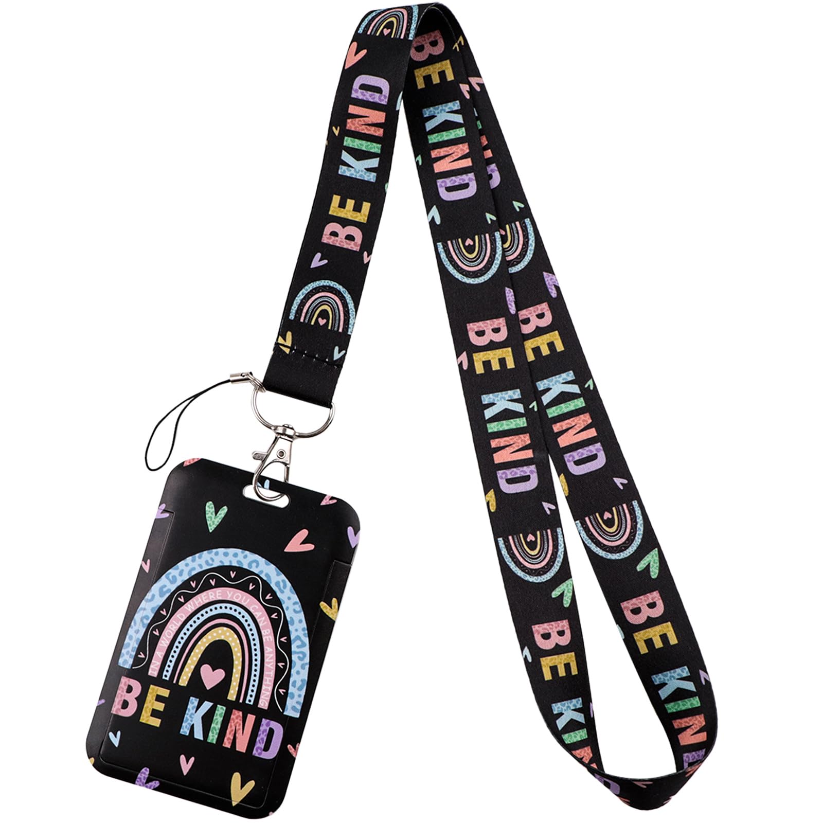 Cool Black Card Holder Lanyard for Keys & ID Badge Cute Love Heart Rainbow Keychain Lanyard for Women Girls Kids Nurses Teachers for Work & Preppy School ID Holder(Be Kind) — image 1