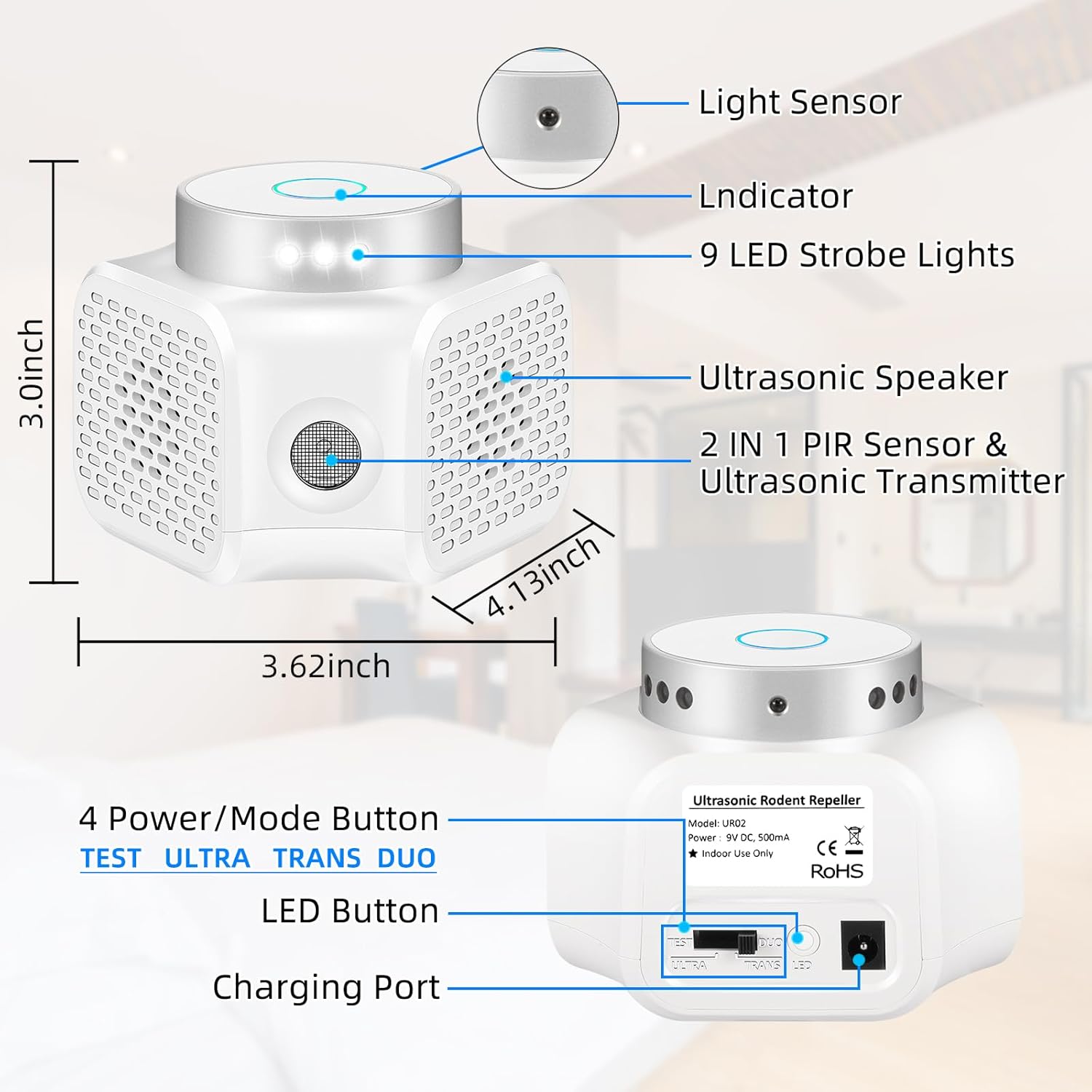 2026 New Ultrasonic Mouse Repellent Plug in Electronic Repellent Devices Control for Rodent Rat Mouse Mice Squirrel Bat 3 IN1 Mice Repellent Indoor for House Garage Basement Attic,2 Pack