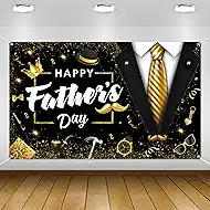 Black Gold Fathers Day Banner Backdrop Decorations 5.9×3.6Ft Black Suit Tie Happy Fathers Day Banner Backdrops for Photography Best Dad Ever Party Decorations Indoor Outdoor 71×43Inch （Polyester）