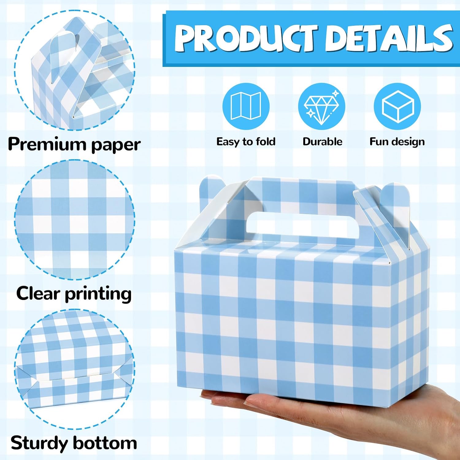 12Pcs Blue and White Checkered Paper Boxes Blue Gingham Birthday Party Supplies Checkered Craft Paper Gift Box with Handles Party Decorations for Wedding Birthday Barbecue Baby Shower Picnic Favors