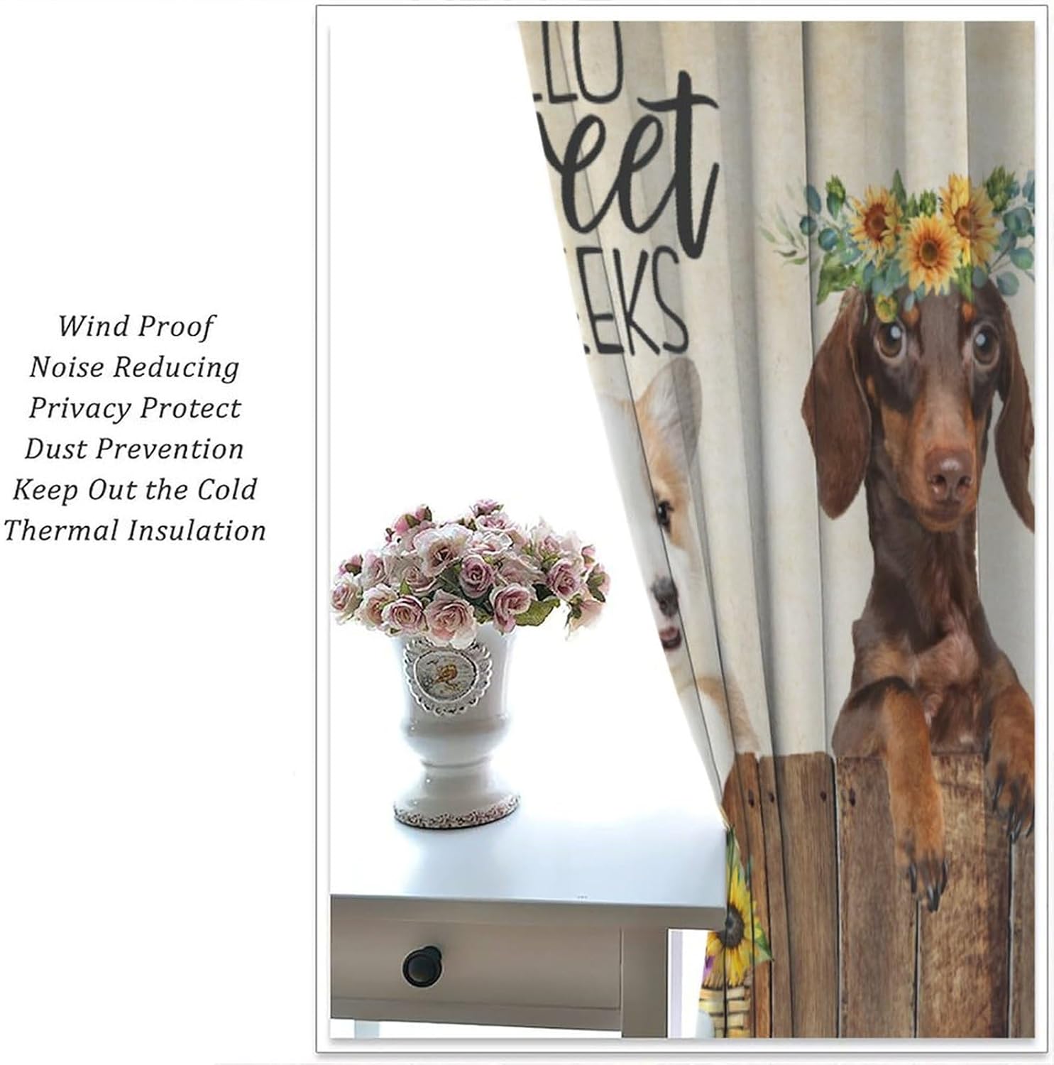 Funny Dog Blackout Window Curtain Cute Kids Farmhouse Sunflower Western Rustic Retro Vintage Art Printed for Home Kitchen Livingroom Coffee Room Window Curtain 2Panel 42" W X 45" L