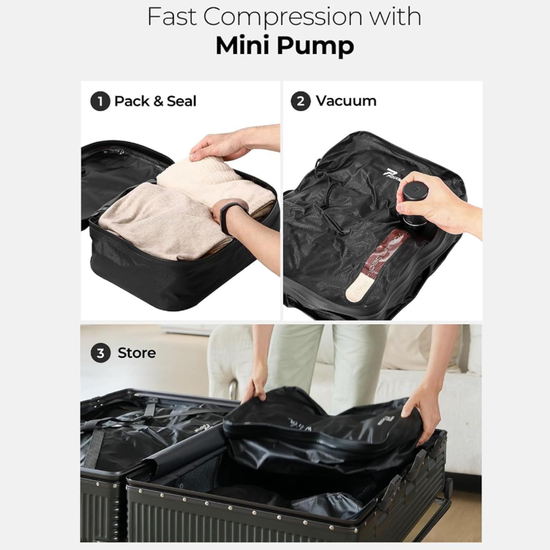 Bolsas de vacío para equipaje, bolsas de compresión grandes que ahorran espacio, color negro