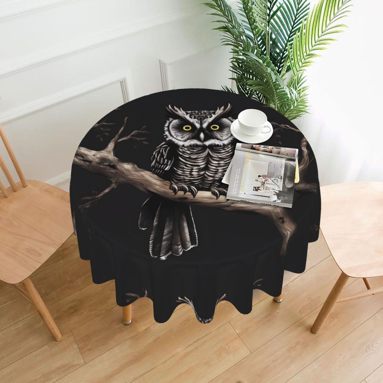 Hjfczh Black Late Night Owl Prints Round Table Throw 60 Inch - Waterproof Table Cover - Soft & Wrinkle Resistant Decor Layer For Dinners, Parties & Everyday Use
