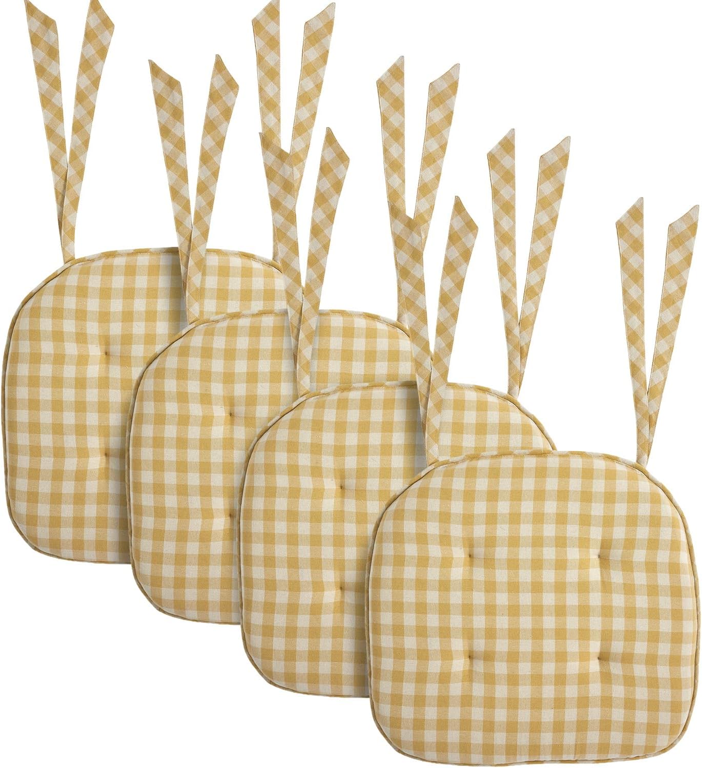 VHC Brands Buzzy Bees Primitive 16.5"x18" Chair Pad Yellow Tucked Cotton Check Tie Back(s) Rectangle Kitchen Table Decor, Set of 2