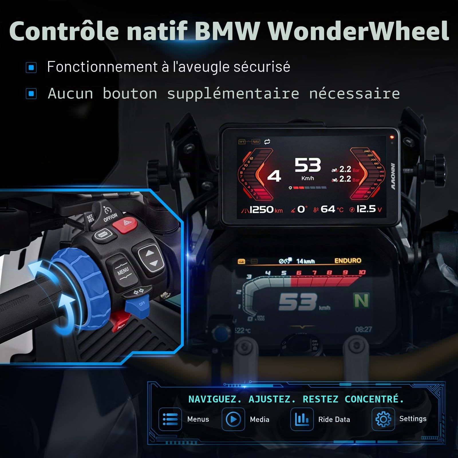 INNOVV N2 - Écran tactile pour motos BMW, CarPlay et Android Auto, avec écran de navigation GPS étanche de 6,5 pouces, lecture de données, TPMS, commandes WonderWheel