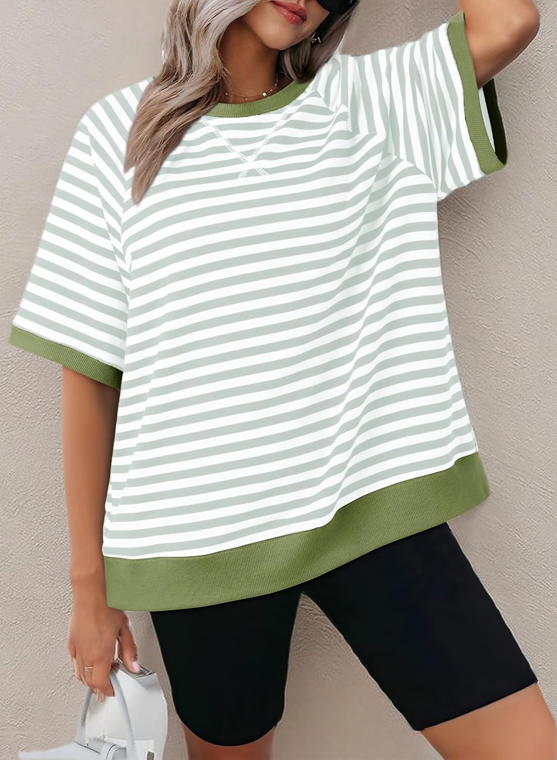 Dokotoo Womens Summer Tops 2025 Oversized T Shirts for Women Casual Crewneck Short Sleeve Striped Color Block Workout Tops Lightweight Loose Fit Pullover Cute Blouse Basic Tee Shirt Green Small - Image 5