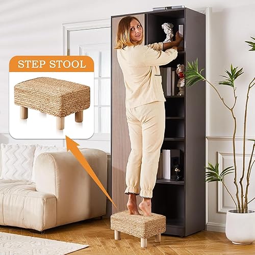 Miniatura 5 de Cpintltr Taburete otomano rectangular, reposapiés, otomano, taburete natural de algas marinas con patas de madera, taburete tejido a mano para sala