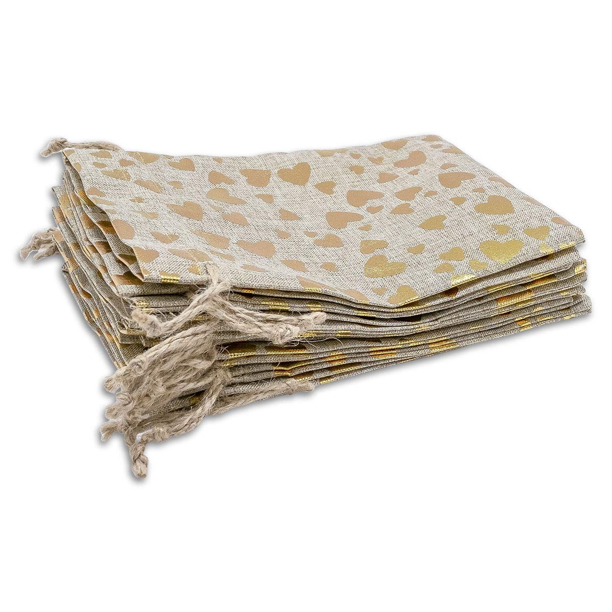 TheDisplayGuys Lot de 12 sacs cadeaux réutilisables en toile de jute avec cordons de serrage Motif cœurs dorés Taille XL 30,5 x 40,6 cm