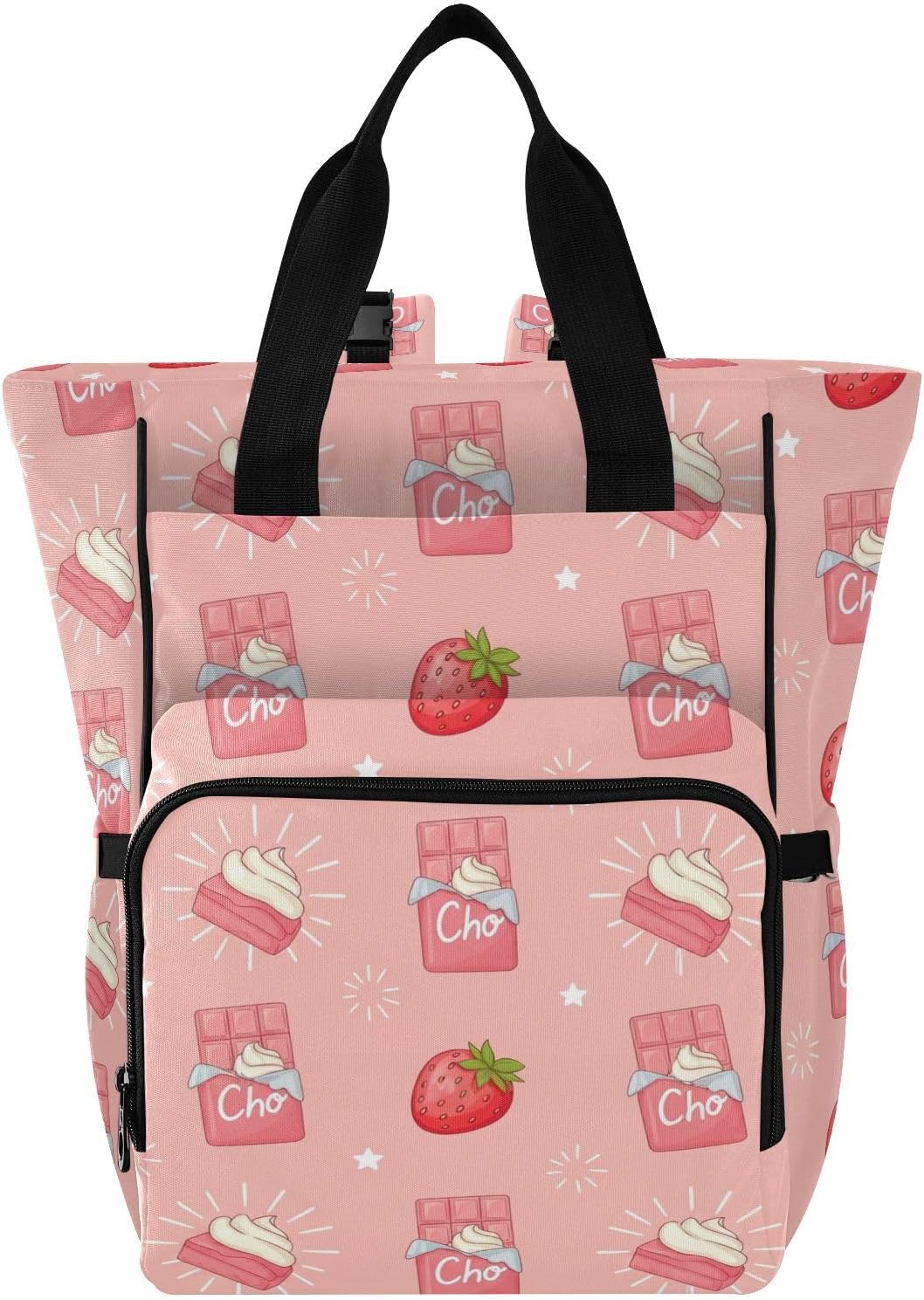 SPRIPORT Strawberry Chocolate Pink Print Diaper Bag Backpack for Baby Boys Girls Multifunction Baby Essentials Travel Tote with Stroller Straps & Bottle Storage Large Travel Diaper Backpack for Baby