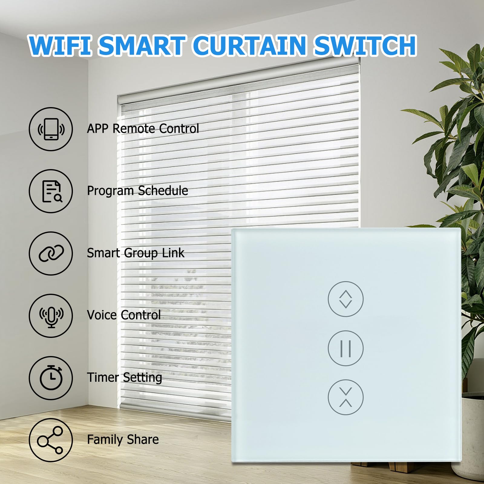 Interruptor Persiana WiFi, Alexa Interruptor Tactil de Persiana con Función Porcentual compatible con Alexa/Google/Siri, Smart Switch Curtain con Tuya & Smart life, Requiere Cable Neutro